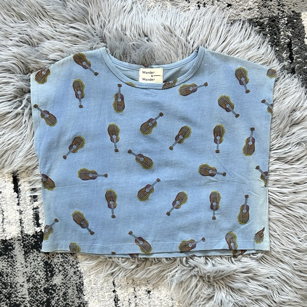 Wander & Wonder Blue Drop Shoulder Denim Guitar SS Tee Size 9/10Y